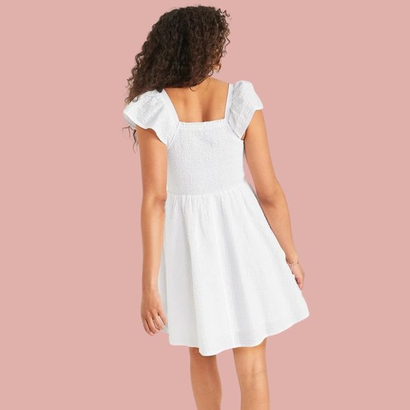 (NWT) Old Navy - white, fit & flare, flutter-sleeve, smocked mini dress (medium) - Picture 2 of 3